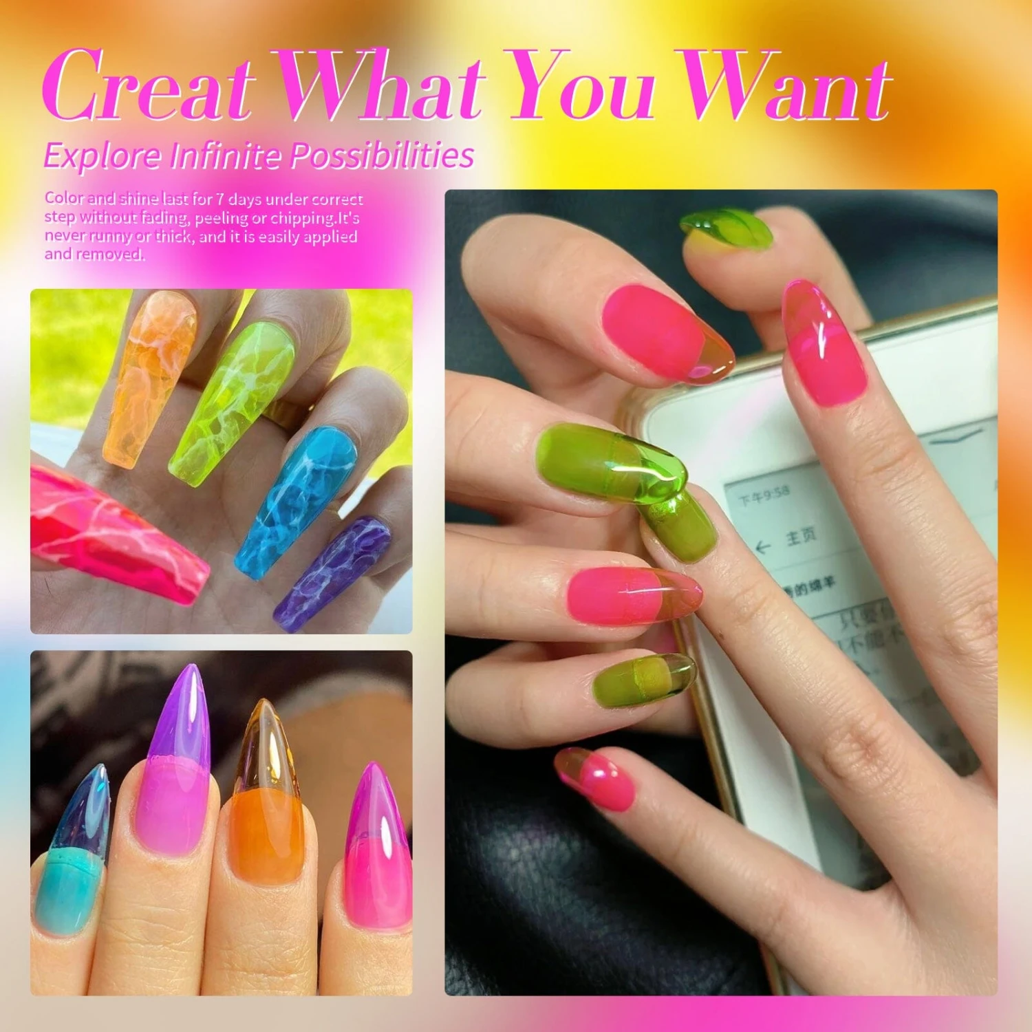 6 Colors Neon Glass Jelly Nail Polish Neon Glow 10ml 2 6 Colors Neon Glass Jelly Nail Polish Neon Glow 10ml - Image 2