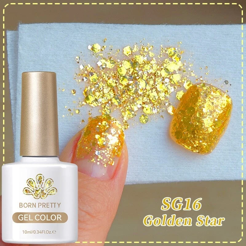 Gold Glitter Sequins Gel Polish SG16 Golden Star 10ml 8 Gold Glitter Sequins Gel Polish SG16 Golden Star 10ml - Image 8