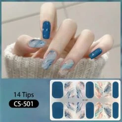 No Brand 14 Tips Blue Marble Pattern Glitter Full Cover Nail Stickers CS-501