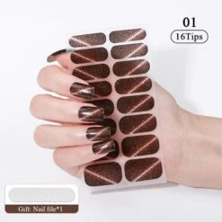 No Brand 16 Tips Brown Glitter Full Cover Nail Stickers Cat Magnetic Eye Pattern ZE-0691