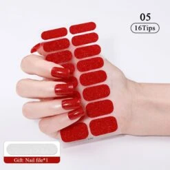 No Brand 16 Tips Red Glitter Full Cover Nail Stickers ZE-0705