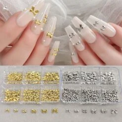 No Brand 6 Grids Gold Silver Alloy Star Bowknot Nail Decoration