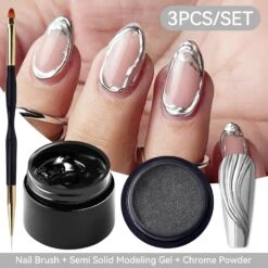 3pcs Set (Semi Solid Molding Gel, Chrome Powder, Nail Brush) -Born Pretty Salon 61637 SXA 2