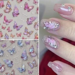 No Brand 5D Nail Stickers Pink Butterfly Shell Light Design Adhesive Nail Decals